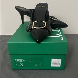 J. Crew Black Croc-Embossed Mules with Gold Buckle